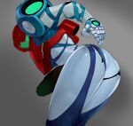  1girl arm_cannon armor ass assault_visor commentary_request dread_suit full_armor green_assault_visor grey_background helmet highres metroid metroid_dread multicolored_armor normal_suit_(metroid) power_armor power_suit_(metroid) red_helmet samus_aran science_fiction simple_background solo susume_yagisawa weapon 