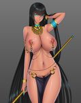  ankh areolae armlet baru_(val-val) belly_chain black_hair blue_eyes bracelet breasts dark_skin egyptian egyptian_clothes fingernails highres jewelry large_breasts loincloth long_hair nail_polish navel_piercing neck_ring nipple_piercing nipple_rings nipples no_panties original pelvic_curtain piercing pubic_hair revealing_clothes see-through solo staff topless very_long_hair 