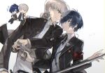  2boys black_jacket blue_hair closed_eyes closed_mouth commentary_request couple deformed evoker food gekkoukan_high_school_uniform grey_hair grin gun hair_over_one_eye holding holding_food holding_gun holding_hands holding_ice_cream holding_sword holding_weapon ice_cream jacket male_focus multiple_boys musical_note narukami_yu open_mouth persona persona_3 persona_4 school_uniform shirt short_hair smile sword weapon white_shirt yaoi yasogami_school_uniform yori_(tr) yuuki_makoto_(persona_3) 
