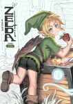  1boy absurdres apple belt blonde_hair blue_eyes child coin deku_shield food fruit gem gold_coin grass hat highres light_blush link looking_at_viewer looking_back male_focus navi pointy_ears shield shirt shoes short_hair shorts simple_background smile solo teeth the_legend_of_zelda the_legend_of_zelda:_ocarina_of_time the_legend_of_zelda:_ocarina_of_time_(remake) treasure_chest whinghope young_link 