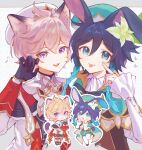  2boys :3 :d :p absurdres ahoge animal_ear_fluff animal_ears aqua_eyes aqua_hair beret black_boots black_bow black_bowtie black_capelet black_gloves black_hair black_shorts book boots bow bowtie braid brown_corset brown_shoes cape capelet cat_boy cat_ears cat_tail chibi chibi_inset claw_pose closed_mouth collared_cape commentary_request corset dahlia_(genshin_impact) eyelid_pull fangs flower frilled_capelet frilled_sleeves frills genshin_impact gloves gold_trim gradient_hair green_cape green_hat green_shorts hair_between_eyes hair_flower hair_ornament hand_up hands_up hat heart highres holding holding_book index_finger_raised leg_up long_sleeves looking_at_viewer male_focus medium_hair mscdraw multicolored_hair multiple_boys musical_note open_mouth outline pantyhose pink_hair puffy_shorts purple_eyes rabbit_boy rabbit_ears rabbit_tail red_cape shirt shoes short_hair short_shorts shorts side_braids sleeve_cuffs smile standing standing_on_one_leg tail teeth tongue tongue_out trap twin_braids two-sided_cape two-sided_fabric upper_body upper_teeth_only venti_(genshin_impact) vision_(genshin_impact) white_background white_flower white_hat white_outline white_pantyhose white_shirt 