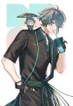  1boy alhaitham_(genshin_impact) antenna_hair artist_name black_gloves black_pants black_shirt cable character_doll chest_jewel choker collared_shirt commentary_request cowboy_shot cup doll drinking_straw expressionless gem genshin_impact gloves green_choker green_eyes green_gem green_hair green_sash green_shirt grey_hair hair_over_one_eye hand_up headphones highres holding holding_cup looking_at_viewer male_focus multicolored_hair narahazime pants parted_bangs parted_lips sash shirt short_hair short_sleeves solo swept_bangs twitter_username watermark white_background wing_collar 