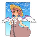  :o adapted_costume animal_ears bird_ears bird_wings blush brooch brown_eyes cowboy_shot day dress from_below hat ini_(inunabe00) jewelry looking_at_viewer mystia_lorelei outside_border pink_hair short_hair skirt_hold sky solo straw_hat touhou wings 
