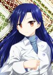  1girl 2000s_(style) blue_hair blue_sweater brown_eyes closed_mouth collared_shirt commentary_request hand_up highres idolmaster idolmaster_(classic) idolmaster_1 kisaragi_chihaya long_hair looking_at_viewer shirt sideways_glance solo sweater sweater_under_shirt turtleneck turtleneck_sweater upper_body urepito_honke white_shirt wrinkled_fabric 