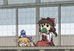  2girls =_= ascot blonde_hair bow brown_eyes brown_hair closed_eyes commentary_request cosplay cup detached_sleeves drinking frilled_bow frilled_hair_tubes frills gourd hair_bow hair_tubes hakurei_reimu hakurei_reimu_(cosplay) haniwa_(leaf_garden) holding holding_cup horn_ornament horn_ribbon horns ibuki_suika long_hair lying multiple_girls on_stomach oni open_mouth red_bow red_skirt ribbon ribbon-trimmed_sleeves ribbon_trim seiza shouji sitting skirt skirt_set sliding_doors smile squeans touhou yellow_ascot yunomi 