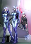  3girls armored_bodysuit bodysuit bow breasts chin_guard commentary_request covered_navel crutch fortified_suit full_body glowing glowing_eyes grey_hair highres impossible_bodysuit impossible_clothes mecha_pilot_suit mind_reading multiple_girls muv-luv muv-luv_alternative original purple_eyes red_bow shiny_clothes skin_tight wata_nuki yuri 