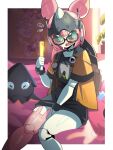 1girl absurdres alternate_costume aria_(robot)_(zenless_zone_zero) aria_(zenless_zone_zero) bag bespectacled black_choker black_sclera black_shirt blush brown_bag choker clothed_robot colored_sclera commentary cowboy_shot embarrassed english_commentary glasses glowstick green_eyes highres holding holding_glowstick humanoid_robot indoors jacket joints metal_skin on_bed open_mouth penlight_(glowstick) pink_hair quad_tails robot robot_girl robot_joints shirt sitting solo sweat ui_gray yellow_jacket zenless_zone_zero 