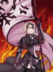  absurdres armor black_legwear blonde_hair breasts byakuya_kaien fate/grand_order fate_(series) fire headpiece highres jeanne_d'arc_(alter)_(fate) jeanne_d'arc_(fate)_(all) large_breasts looking_at_viewer short_hair solo standard_bearer thighhighs thighs yellow_eyes 