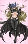  1girl ankle_gun arm_behind_head arm_up bed_sheet beelstarmon belt black_belt black_boots black_coat black_gloves black_pants black_vest blonde_hair blue_mask boots breasts clenched_hand coat commentary corrupted_twitter_file crop_top cropped_vest dakimakura_(medium) digimon digimon_(creature) eye_mask full_body giga-kunskap gloves groin highres large_breasts leather leather_pants long_hair looking_at_viewer lying mask navel on_back open_clothes open_coat pants parted_lips purple_eyes purple_lips shadow sidelocks smile solo stomach third_eye tight_clothes tight_pants torn_clothes torn_coat underboob vest zipper 
