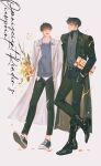  2boys absurdres belt biyoo_(omniscient_reader's_viewpoint) black_coat black_eyes black_hair black_shirt black_vest boots bouquet coat collared_shirt commentary cursive full_body grin highres holding holding_behind_back holding_bouquet kim_dokja looking_at_another male_focus multiple_boys omniscient_reader's_viewpoint open_clothes open_coat outstretched_leg popped_collar ruaaaa shirt shirt_tucked_in shoes short_hair smile sneakers untranslatable_commentary vest walking white_coat white_shirt yoo_joonghyuk 