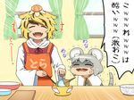  2girls ^_^ anger_vein animal_ears apron bishamonten's_pagoda blonde_hair buck_teeth capelet chopsticks closed_eyes clothes_writing cooking curtains emphasis_lines fang fangs food food_on_head fruit fruit_on_head grey_hair hair_flaps indoors laughing mandarin_orange mouse_ears mouse_tail multicolored_hair multiple_girls nazrin object_on_head shirosato streaked_hair tail toramaru_shou touhou translated trembling turn_pale 