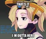  blonde_hair closed_mouth commentary empty_eyes english eyebrows face gameplay_mechanics hair_ornament hair_tie headwear macro mechanical_halo mercy_(overwatch) overwatch phantom_ix_row ponytail smile solo text_focus truth turtleneck 