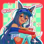  1girl animal_ears aquisces_arts bare_shoulders black_hair blush brand_name_imitation breasts burger commentary cup dark-skinned_female dark_skin disposable_cup employee_uniform english_commentary fang fast_food fast_food_uniform food gloves hair_between_eyes hair_ornament highres hishi_amazon_(umamusume) holding holding_tray horse_ears horse_girl in-n-out_burger long_hair looking_at_viewer medium_breasts open_mouth red_eyes shirt smile solo striped_clothes striped_shirt teeth tray umamusume upper_teeth_only very_long_hair visor_cap waitress white_gloves white_shirt 