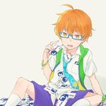  ahoge aoi_kyousuke blue-framed_eyewear blue_neckwear bracelet gift_card glasses hexagon hooded_vest idolmaster idolmaster_side-m jewelry looking_down male_focus nakasaka_sakana necktie open_mouth orange_eyes orange_hair socks solo sweatdrop wristband 