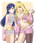  2girls :d \||/ ahoge belt blonde_hair blue_hair breasts brown_eyes closed_mouth collared_vest cowboy_shot gold_belt green_eyes hand_up highres hoshii_miki idolmaster idolmaster_(classic) idolmaster_2 jacket kisaragi_chihaya long_hair long_sleeves luxury_(idolmaster) miniskirt multiple_girls navel official_alternate_costume open_mouth pantyhose pink_diamond_765_(idolmaster) pink_jacket pink_shorts pink_skirt pink_vest rushi_(bloodc) short_shorts shorts side-by-side single_fishnet_legwear single_leg_pantyhose skirt smile standing vest 