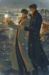  2boys black_coat black_hair black_shirt bouquet bridge coat commentary embers fireworks from_side full_body highres holding holding_behind_back holding_bouquet holding_fireworks kim_dokja male_focus multiple_boys omniscient_reader's_viewpoint open_clothes open_coat outdoors popped_collar river ruaaaa scarf shirt short_hair simple_bird sparkle sparkler untranslatable_commentary white_coat yoo_joonghyuk 