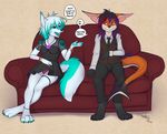  antiroo atrica_sparkle canine clothing digital_media_(artwork) duo fish fox fur herm hindpaw intersex mammal marine necktie open_mouth pants paws scarlett_v series shark shirt simple_background text wolf 