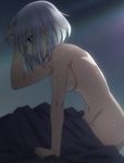  1girl bed breasts date_a_live navel nude short_hair sideboob silver_hair solo sweat tagme tobiichi_origami white_hair 