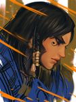  armor black_hair blue_eyes dark_skin eyelashes facial_mark facial_tattoo highres jang_ju_hyeon lips long_hair nose overwatch pharah_(overwatch) portrait power_armor profile serious sketch solo tattoo unfinished 