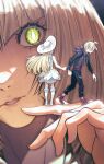  1boy 2girls absurdres ahoge andrich_galam black_pants blonde_hair blunt_bangs commentary dress english_commentary gladion_(pokemon) glowing glowing_eye green_eyes hair_over_one_eye hat highres hood hoodie lillie_(pokemon) long_hair long_sleeves lusamine_(pokemon) mother_and_child mother_and_daughter mother_and_son multiple_girls open_mouth pants parent_and_child parted_lips pokemon pokemon_sun_and_moon shirt shoes short_hair sleeveless sleeveless_dress socks sun_hat torn_clothes torn_pants white_dress white_hat white_socks 