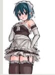  1girl ahoge akuyaku_teddy apron aqua_eyes aqua_hair bare_shoulders black_dress black_thighhighs blush bow bowtie breasts chestnut_mouth commentary_request cowboy_shot dress elbow_gloves frilled_apron frilled_dress frilled_gloves frilled_thighhighs frills garter_straps gloves hair_bow hand_on_own_hip hand_up kore_ga_watashi_no_goshujin-sama looking_at_viewer maid maid_headdress medium_breasts medium_hair nakabayashi_yoshitaka's_maid_uniform oekaki open_mouth paint_chat_(medium) sawatari_izumi short_dress simple_background sketch sleeveless sleeveless_dress solo thighhighs waist_apron white_apron white_background white_bow white_bowtie white_gloves zettai_ryouiki 