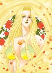  absurdly_long_hair barbariccia blonde_hair breasts cleavage final_fantasy final_fantasy_iv final_fantasy_iv_the_after flower green_eyes green_lipstick kaworuko large_breasts lipstick long_hair looking_at_viewer makeup petals rose solo tattoo upper_body very_long_hair 