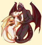  2016 anthro bat_wings bent_over black_scales breasts brown_scales dragon duo english_text eye_contact featureless_breasts featureless_crotch female grey_horn horn krells male male/female membranous_wings navel nude orange_eyes purple_scales romantic_couple scales scalie side_boob signature small_breasts smile spikes teeth text white_horn white_scales wide_hips wings yellow_eyes 