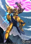  beam_rifle beam_shield cloud commentary_request company_name copyright_logo copyright_name copyright_notice dutch_angle energy_gun flying gundam gundam_card_game hi-go! holding holding_energy_gun holding_weapon logo mecha mecha_focus mobile_suit mountainous_horizon no_humans official_art realistic robot scene_reference science_fiction shokew solo sunrise_(company) thrusters tree victory_gundam weapon zanscare 