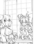  2girls animal_ear_fluff animal_ears ascot bandaged_arm bandages blush bow bun_cover cat_ears cat_girl chabudai closed_mouth commentary cup detached_sleeves double_bun frilled_bow frilled_hair_tubes frills greyscale hair_bow hair_bun hair_tubes hakurei_reimu highres holding holding_cup ibaraki_kasen kemonomimi_mode long_hair monochrome multiple_girls ribbon-trimmed_sleeves ribbon_trim shirt tabard table touhou uehara_suiyo yunomi 