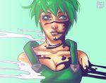  2016 breasts cleavage collarbone eyebrows eyelashes foo_fighters green_eyes green_hair jojo_no_kimyou_na_bouken jostell large_breasts lips overalls short_hair signature solo upper_body 