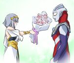  1boy 1girl alien bare_shoulders blush bouquet bracelet breasts camearra chest_guard color_timer colored_skin commentary crystal darkness_heels dorsal_fin dress forehead_jewel from_side gold_bracelet gold_tiara green_background grey_hair hetero holding holding_bouquet humanization jewelry looking_at_another medium_breasts medium_hair purple_eyes purple_skin red_skin short_hair silver_skin tiara tokusatsu tsunashima_shirou ultra_series ultraman_tiga ultraman_tiga_(multi_type) ultraman_tiga_(series) upper_body white_dress white_eyes 