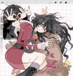  1girl @_@ art_program_in_frame bell belt black_belt black_boots blush boots cat degrees_of_lewdity dress fake_antlers feet_out_of_frame freesia_quan fur-trimmed_hood fur-trimmed_sleeves fur_trim green_eyes grid_background hair_between_eyes hands_up heart heart-shaped_pupils heart_hands high-waist_belt highres hood hugging_object jingle_bell kneehighs kylar_(degrees_of_lewdity) kylar_(female)_(degrees_of_lewdity) lace-up_boots legs_together long_hair long_sleeves looking_at_viewer lying messy_hair multiple_views nervous_sweating on_side purple_socks red_dress sack santa_costume santa_dress shaded_face short_dress simple_background smile socks sweat symbol-shaped_pupils 