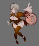  1girl absurdres blue_eyes breasts brown_leotard brown_shrug brown_thighhighs cleavage faust_(project_moon) full_body grey_background highres large_breasts leotard limbus_company looking_at_viewer medium_hair project_moon reaching short_hair shrug_(clothing) simple_background solo suhnostb thighhighs white_hair 