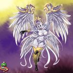  7th-heaven armor avian big_breasts blue_eyes breasts claws cleavage clothed clothing facial_markings feathered_wings feathers female hair harpy humanoid markings monster_girl pale_skin pointy_ears pose skimpy solo talons voluptuous white_feathers white_hair winged_humanoid wings 