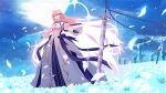  1girl absurdres archetype_earth archetype_earth_(third_ascension) arcueid_brunestud arms_at_sides backless_dress backless_outfit bare_shoulders blonde_hair blue_bow blue_dress blue_flower blue_gloves blue_ribbon bow breasts cleavage cloud commentary_request detached_sleeves dress fate/grand_order fate_(series) field flower flower_field full_body full_moon gloves glowing glowing_halo gold_trim gradient_hair hair_between_eyes hair_flower hair_ornament hair_ribbon halo highres long_hair long_sword looking_ahead marble_phantasm millennium_castle_(tsukihime) moon mountain multicolored_hair night pink_hair puffy_detached_sleeves puffy_sleeves red_eyes ribbon scenery shuuka solo two-tone_dress two-tone_hair very_long_hair white_dress white_flower white_hair white_halo white_sleeves wide_sleeves wind wind_lift 