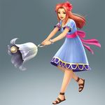  3d :d bell blue_dress brown_eyes dress flower hair_flower hair_ornament jewelry long_hair marin_(the_legend_of_zelda) necklace official_art open_mouth red_hair sandals smile solo the_legend_of_zelda the_legend_of_zelda:_link's_awakening zelda_musou 
