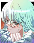  1girl absurdres aqua_(konosuba) bespectacled blue_eyes blue_hair blue_pajamas commentary_request elbow_rest glasses gradient_background head_rest highres kono_subarashii_sekai_ni_shukufuku_wo! lips long_hair long_sleeves mixed-language_commentary off_shoulder pajamas parted_lips portrait signature solo ve666ve 
