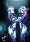  2girls armored_bodysuit asymmetrical_docking bodysuit breast_press breasts chin_guard commentary_request covered_navel fortified_suit grey_hair highres impossible_bodysuit impossible_clothes large_breasts long_hair looking_at_another looking_to_the_side mecha_pilot_suit multiple_girls muv-luv muv-luv_alternative original purple_eyes red_ribbon ribbon shiny_clothes skin_tight wata_nuki yuri 