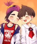  2boys black_hair blueberry_academy_school_uniform blush brown_hair closed_eyes commentary_request florian_(pokemon) gradient_background happy highres jacket kieran_(pokemon) long_sleeves male_focus mole mole_on_neck multiple_boys open_clothes open_jacket open_mouth orange_background pokemon pokemon_scarlet_and_violet purple_hair red_tattoo rii_(pixiv11152329) school_uniform simple_background teeth upper_body upper_teeth_only white_jacket 