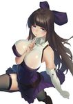  bare_shoulders between_breasts black_legwear bow breasts brown_hair covered_nipples dress elbow_gloves finger_to_mouth from_above gloves hair_bow hand_between_breasts highres large_breasts leg_up liyou-ryon long_hair looking_at_viewer original pleated_dress purple_dress purple_eyes solo thighhighs very_long_hair white_gloves 