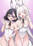  2girls animal_ear_headwear animal_ears black_hair blanc_(nikke) blanc_(nikke)_(cosplay) blush breasts commentary_request cosplay detached_collar fake_animal_ears fang fishnet_pantyhose fishnets goddess_of_victory:_nikke high-waist_pantyhose highres kaericom leotard long_hair looking_at_viewer medium_breasts mole mole_under_eye multicolored_hair multiple_girls necktie open_mouth pantyhose petite playboy_bunny purple_eyes purple_hair purple_ribbon purple_streaks rabbit_ears ribbon see-through_clothes see-through_pantyhose short_hair short_necktie simple_background small_breasts smile streaked_hair syuen_(nikke) very_long_hair white_hair white_leotard white_nails white_streaks 