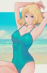  1girl aqua_one-piece_swimsuit arms_up beach blonde_hair blue_eyes blue_sky breasts closed_mouth cloud commentary covered_navel day gundam kasumi_(skchkko) looking_at_viewer mobile_suit_gundam ocean one-piece_swimsuit outdoors sand sayla_mass short_hair sky smile solo swimsuit water 