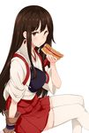  akagi_(kantai_collection) amami_amayu brown_hair commentary_request eating gloves hakama_skirt hot_dog japanese_clothes kantai_collection long_hair muneate partly_fingerless_gloves single_glove sitting solo thighhighs yugake zettai_ryouiki 