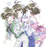  3boys :d ;d akizuki_ryo antenna_hair belt black_belt black_necktie blue_pants brown_eyes brown_hair character_name commentary_request crossdressing crossdressing_(mtf) cute_&amp;_girly_(idolmaster) dated dress fingerless_gloves gloves happy_birthday highres idolmaster idolmaster_dearly_stars idolmaster_side-m jacket lapels looking_at_viewer male_focus multiple_boys multiple_persona nara1508 necktie notched_lapels official_alternate_costume one_eye_closed open_clothes open_jacket pants pink_dress short_dress short_hair smile snow_strawberry_(idolmaster) star_(symbol) thighhighs trap w white_belt white_gloves white_jacket white_pants white_thighhighs zettai_ryouiki 
