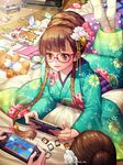  2010 2015 brown_hair card coin company_name controller dice dualshock english floral_print furyou_michi_~gang_road~ game_console game_controller gamepad hair_up handheld_game_console highres japanese_clothes kimono legs_up long_hair lying mario_(series) number on_stomach parted_lips pillow playing_card playstation_4 playstation_vita socks solo_focus soo_kyung_oh stuffed_animal stuffed_toy super_mario_bros. teddy_bear teddy_bear_hair_ornament twintails very_long_hair watermark white_legwear wooden_floor yellow_eyes 