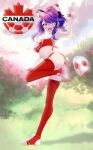  1girl absurdres alfyria ass ball blue_eyes breasts canada canadian_national_soccer_team_uniform cleavage full_body highres leaf_print maple_leaf_print medium_breasts melody_(projektmelody) open_mouth ponytail purple_hair red_thighhighs soccer_ball solo standing standing_on_one_leg thighhighs thighs virtual_youtuber vshojo 