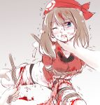  1girl 2boys amputating amputee bleeding blonde_hair blood blood_from_mouth blood_in_hair blood_on_clothes blood_on_face blood_on_ground blood_on_hand blood_on_leg blood_on_weapon blue_eyes bound bound_arms bound_breasts bound_thighs bound_torso bound_wrists brown_hair captured collared_shirt commentary_request deep_wound disembowelment grimace guro hand_on_another's_neck hand_on_another's_thigh headscarf holding holding_knife injury intestines knife leaning_forward long_sidelocks may_(pokemon) multiple_boys mutilation on_ground one_eye_closed pokemon pokemon_ruby/sapphire/emerald pov pov_hands red_headscarf red_shirt rope ryona sendou_asasuzu shibari shirt sidelocks strangling tearing_up torn_clothes torn_shirt torture trembling weapon 