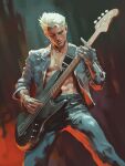  1boy abs absurdres bass_guitar bence_beregi card_(medium) closed_eyes commentary cyberpunk_(series) cyberpunk_(ttrpg) denim dutch_angle earrings english_commentary grey_jacket highres holding holding_instrument instrument jacket jeans jewelry johnny_silverhand male_focus mechanical_arms medallion official_art pants playing_bass_guitar playing_instrument short_hair single_mechanical_arm trading_card upper_body white_hair 