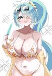  1girl aqua_eyes aqua_hair aqua_halo bare_shoulders bikini blue_archive blush breasts cleavage collarbone commentary cowboy_shot eitakotoku eyewear_on_head floral_print floral_print_bikini flower food furrowed_brow hair_flower hair_intakes hair_ornament hair_over_one_eye halo halterneck hand_up highres hiyori_(blue_archive) hiyori_(swimsuit)_(blue_archive) holding holding_food holding_popsicle huge_breasts jacket jacket_partially_removed long_bangs long_hair long_sleeves looking_at_viewer multicolored_bikini navel official_alternate_costume official_alternate_hairstyle one_eye_covered open_clothes open_jacket open_mouth orange_bikini popsicle print_bikini side_ponytail simple_background solo sparkle stomach sunglasses swimsuit two-tone_bikini very_long_hair white_background white_bikini white_flower x_hair_ornament yellow_jacket 