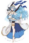  1girl anklet armpits arms_up artist_logo artist_name asymmetrical_legwear azura_(fire_emblem) azura_(lady_of_reflection)_(fire_emblem) barefoot black_collar black_gloves blue_gem blue_hair breasts closed_mouth collar commentary dancing detached_collar double-parted_bangs dress elbow_gloves english_commentary fingerless_gloves fire_emblem fire_emblem_heroes floating_hair foot_up_heel_up full_body fur-trimmed_collar fur_trim gem gloves gold_anklet gold_thighlet gold_tiara gold_trim hair_between_eyes hair_tubes highres jewelry leg_lift logo long_dress long_hair looking_at_viewer medium_breasts necklace official_alternate_costume pendant popped_collar sierra117renner simple_background single_detached_legging smile solo spiked_tiara standing thighlet tiara toes twitter_username uneven_legwear veil very_long_hair water_drop watermark white_background white_dress white_veil yellow_eyes 